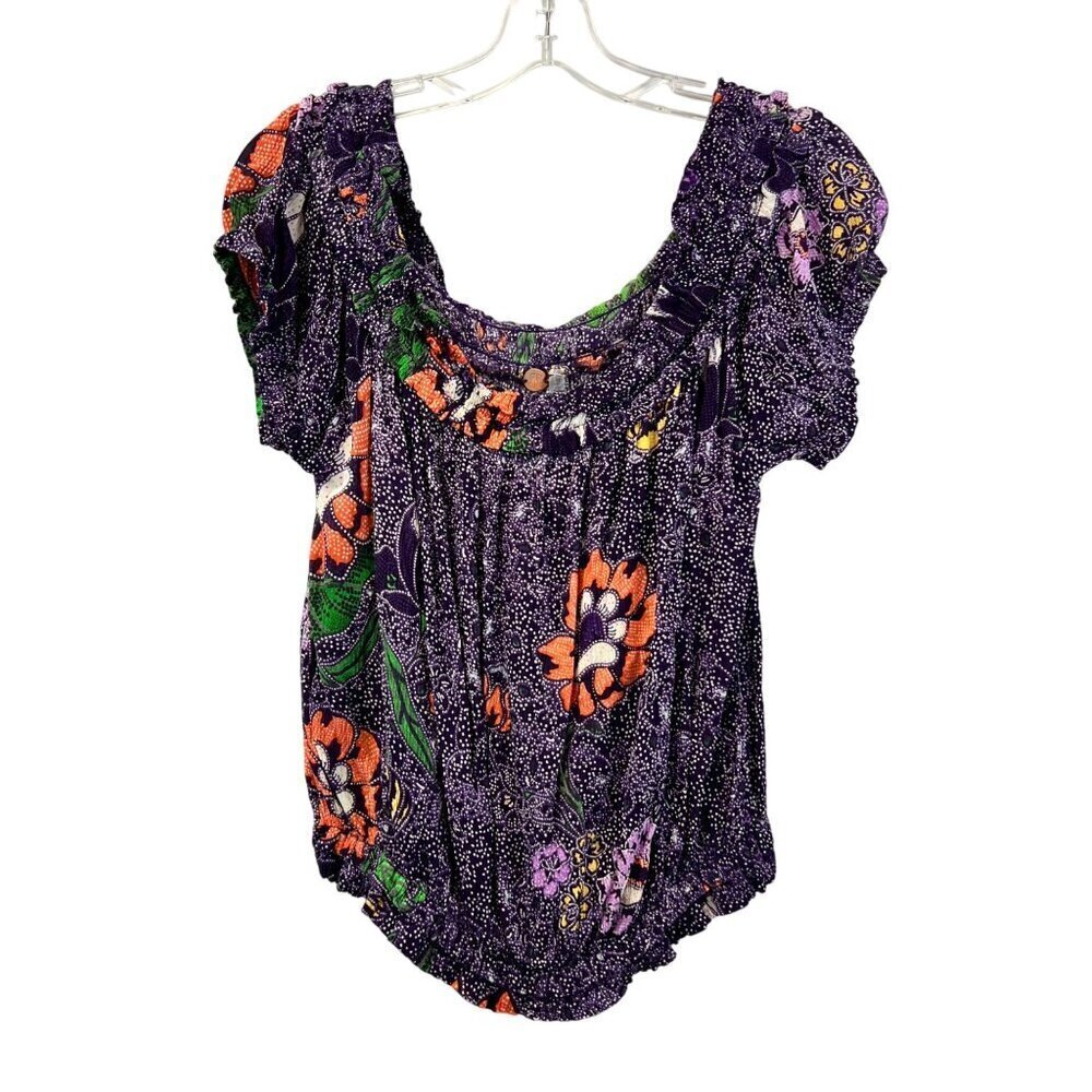 FP One Women’s Off Shoulder Floral Top Short Sleeve Purple/Multi Size Large